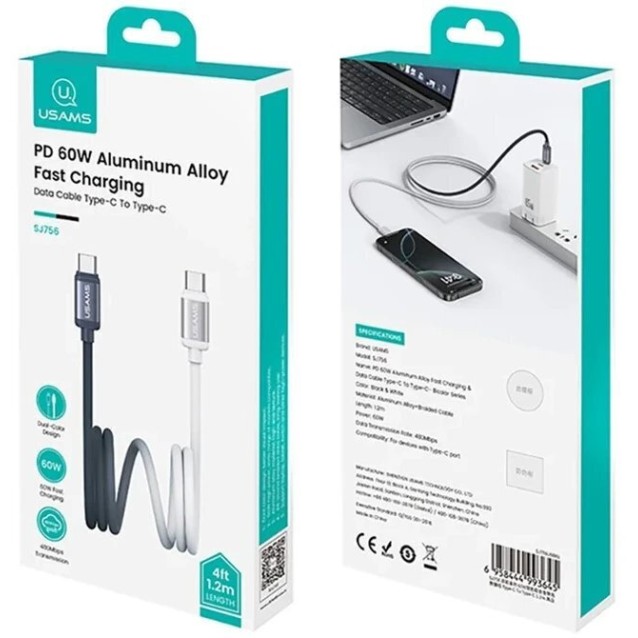 USAMS καλώδιο USB-C SJ756, 60W, 480Mbps, 1.2m, μαύρο/λευκό