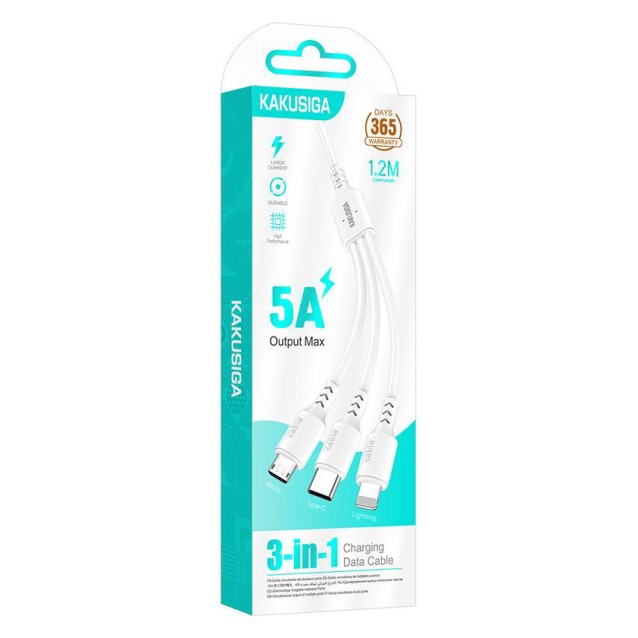KAKUSIGA καλώδιο USB σε USB-C/Lightning/Micro USB KSC-997, 5A, 1.2m, λευκό