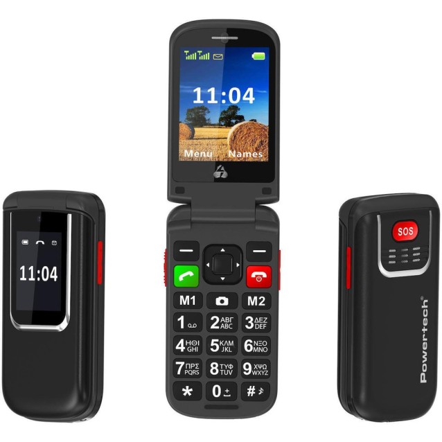 POWERTECH κινητό τηλέφωνο Sentry 4G Flip, 2.8/1.77", dual SIM, πλήκτρο SOS, μαύρο
