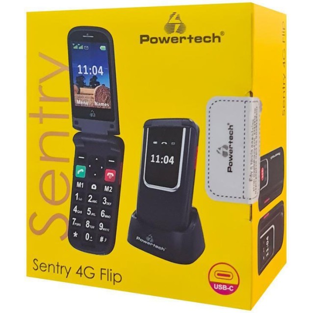POWERTECH κινητό τηλέφωνο Sentry 4G Flip, 2.8/1.77", dual SIM, πλήκτρο SOS, μαύρο