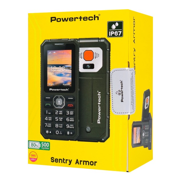 POWERTECH κινητό τηλέφωνο Sentry Armor, dual SIM, πλήκτρο SOS, 4G, IP67, μαύρο