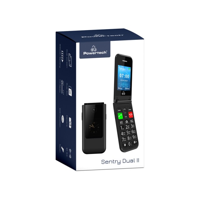 POWERTECH Κινητό Τηλέφωνο Sentry Dual II, 2 οθόνες, SOS Call, μαύρο