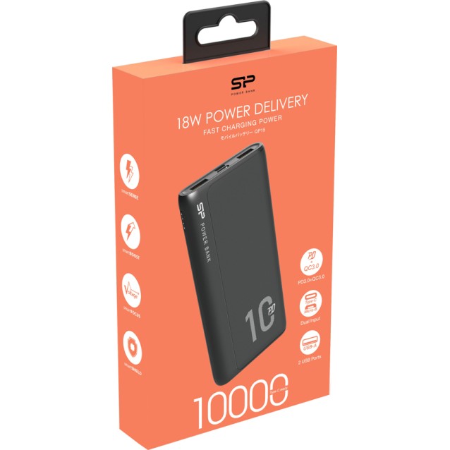 SILICON POWER power bank QP15, 10000mAh, 2x USB & USB Type-C, 3A, μαύρο