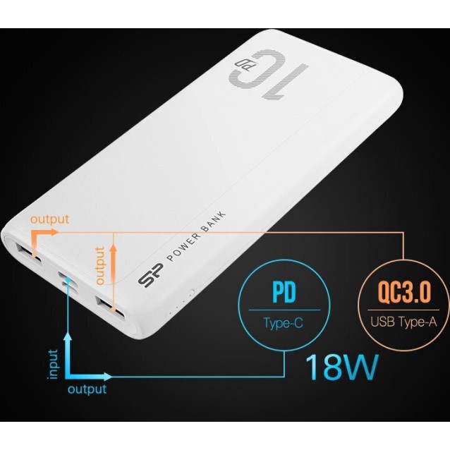 SILICON POWER power bank QP15, 10000mAh, 2x USB & USB Type-C, 3A, λευκό