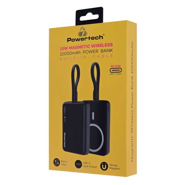 POWERTECH power bank PT-1376 με καλώδιο, 10000mah, magnetic wireless, 20W, μαύρο