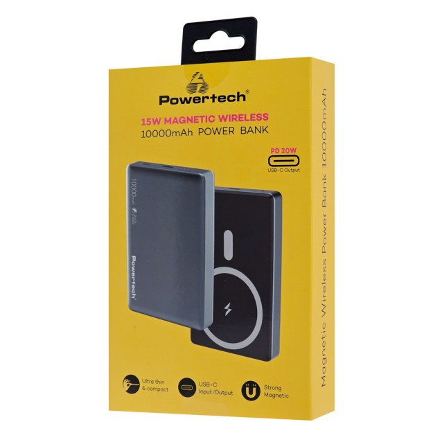 POWERTECH power bank PT-1377, 10000mah, magnetic wireless, 20W, γκρι