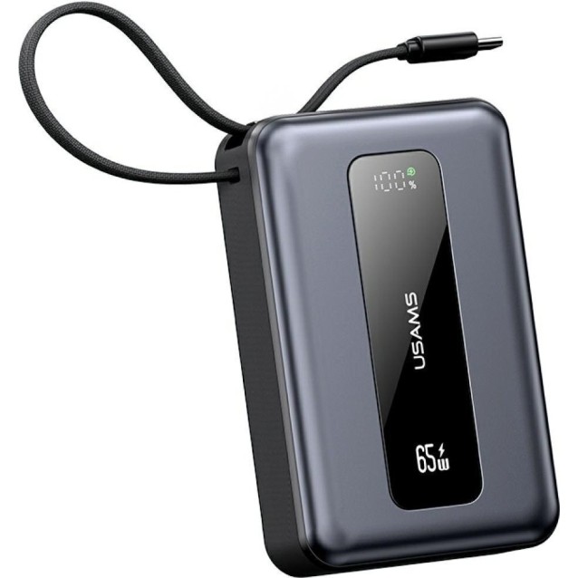 USAMS power bank CD243 με καλώδιο USB-C, 2x θύρες εξόδου, 20000mAh, 65W, γκρι