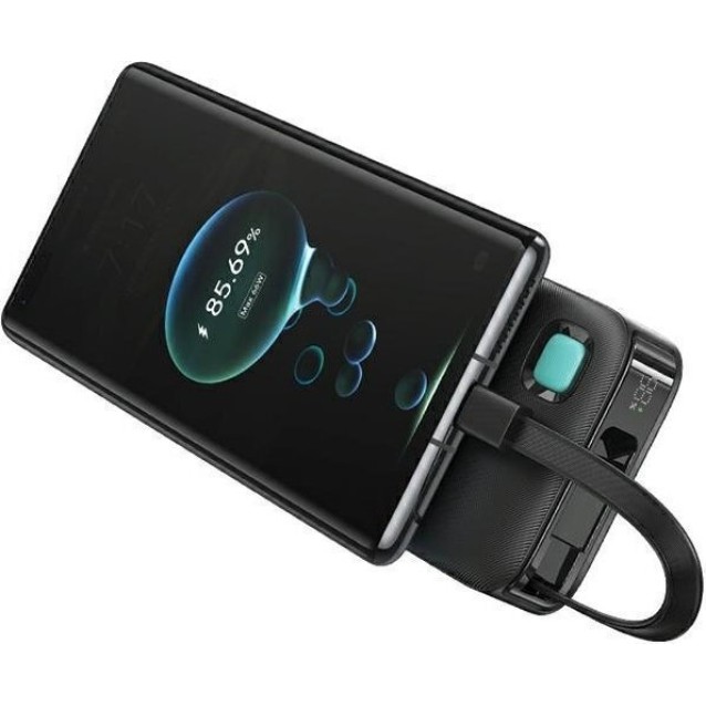 USAMS power bank CD224 με καλώδιο USB-C, 2x θύρες εξόδου, 10000mAh, 20W, μαύρο