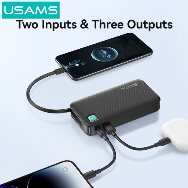 USAMS power bank CD224 με καλώδιο USB-C, 2x θύρες εξόδου, 10000mAh, 20W, μαύρο