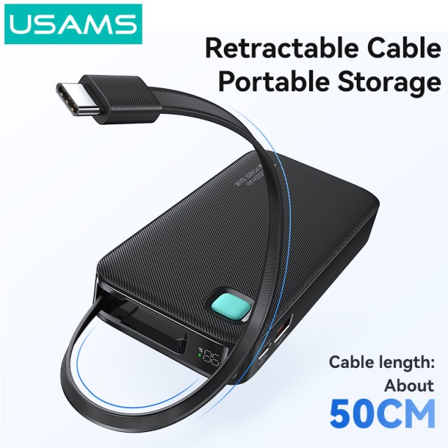 USAMS power bank CD224 με καλώδιο USB-C, 2x θύρες εξόδου, 10000mAh, 20W, μαύρο