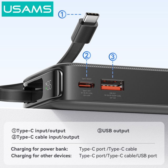 USAMS power bank CD224 με καλώδιο USB-C, 2x θύρες εξόδου, 10000mAh, 20W, μαύρο