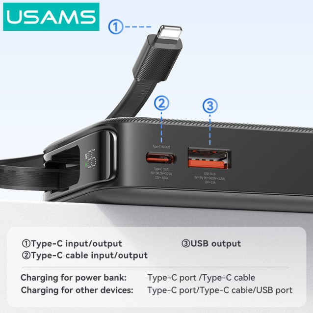 USAMS power bank CD225 με καλώδιο Lightning, 2x θύρες εξόδου, 10000mAh, 20W, μαύρο