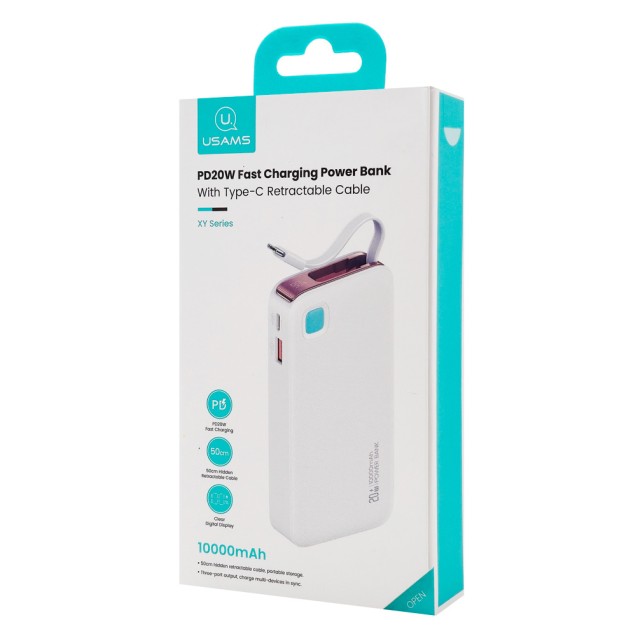 USAMS power bank CD224 με καλώδιο USB-C, 2x θύρες εξόδου, 10000mAh, 20W, λευκό