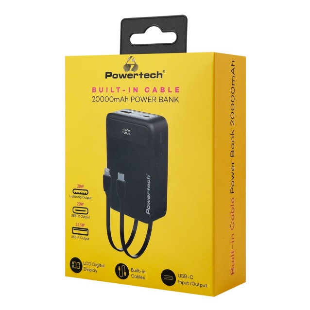 POWERTECH power bank PT-1504 με καλώδια & οθόνη, 20000mah, 22.5W, μαύρο