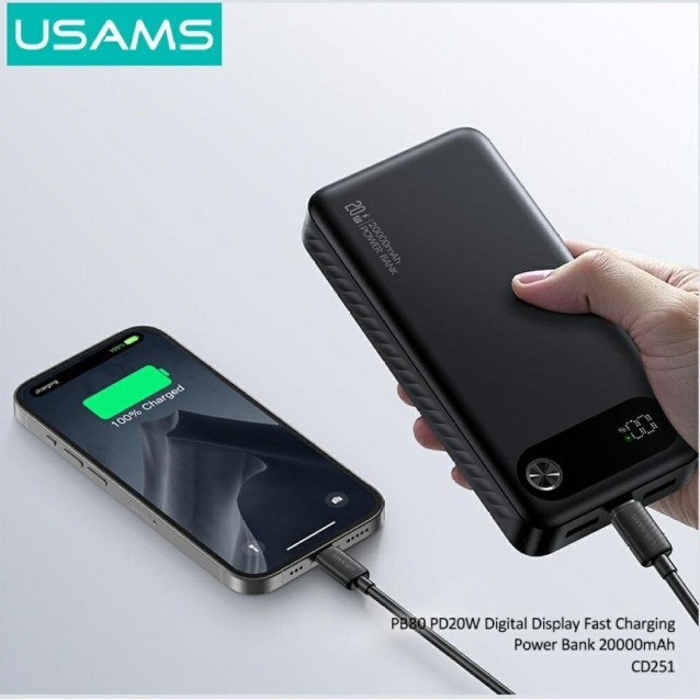 USAMS power bank CD251 με οθόνη, 3x θύρες εξόδου, 20000mAh, PD20W, μαύρο