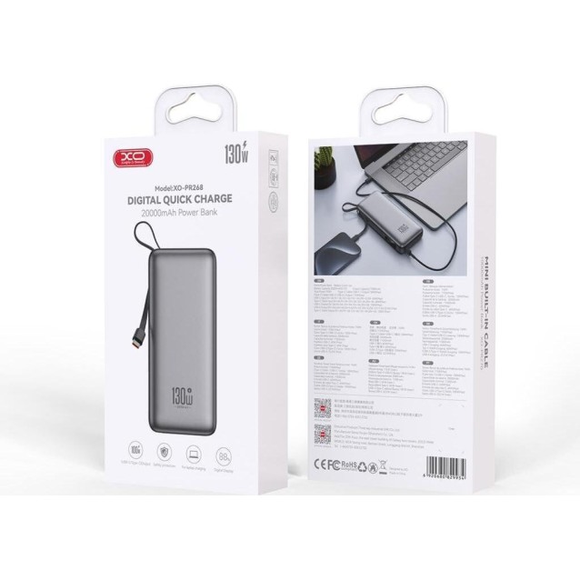 XO PR268, POWERBANK, 20000MAh, 130W, ΜΕ ΚΑΛΩΔΙΟ TYPE-C 100w, ΓΚΡΙ