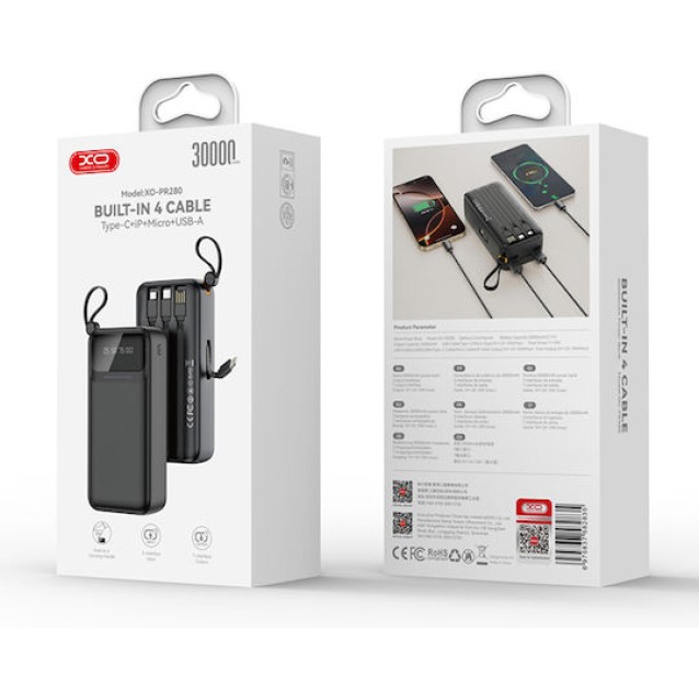 XO PR280 Powerbank 30.000mAh, με 4 ενσωματωμένα καλώδια (USB-A, USB-C, MICRO, LIGHTNING)