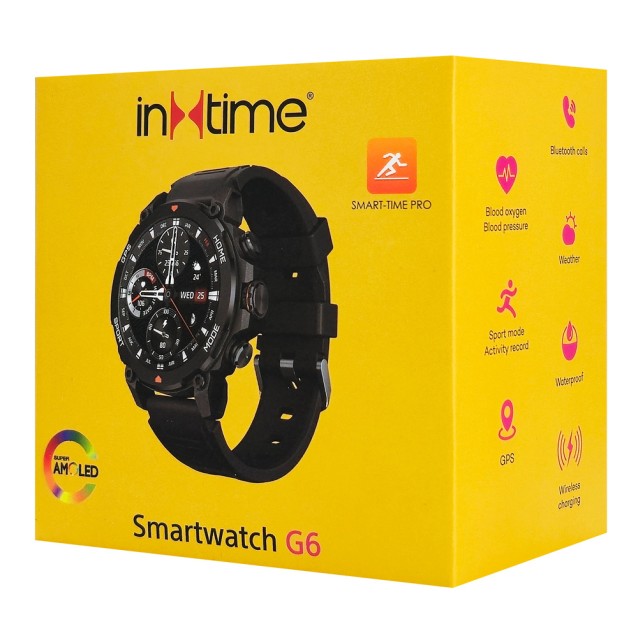 INTIME smartwatch G6 με 2x λουράκια, heart rate, 1.43" AMOLED, GPS, 5ATM, titanium black
