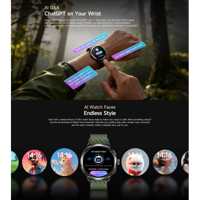 ULEFONE smartwatch Armor Watch Pro, 2x λουράκια, heart rate, 1.50" AMOLED, GPS, 5 ΑΤΜ/IP68/IP69K/MIL-STD-810H, μαύρο