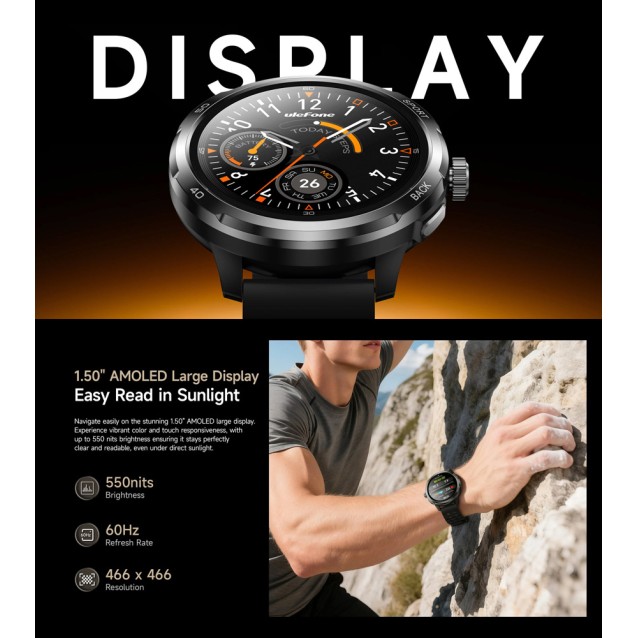 ULEFONE smartwatch Armor Watch Pro, 2x λουράκια, heart rate, 1.50" AMOLED, GPS, 5 ΑΤΜ/IP68/IP69K/MIL-STD-810H, μαύρο