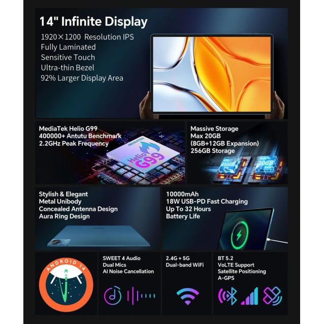 TECLAST tablet T70, 14", 8/256GB, 4G, Android 14, 10000mAh, μπλε