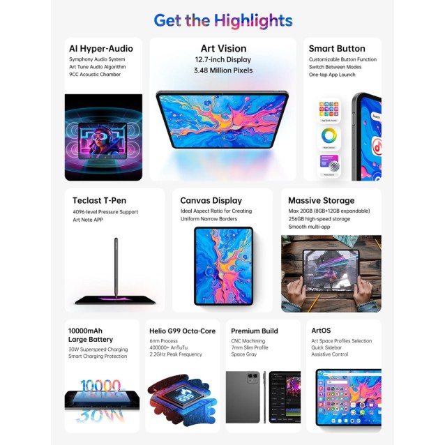 TECLAST tablet ArtPad Pro με στυλό αφής, 12.7", 8/256GB, 4G, Android 15, 10000mAh, γκρι