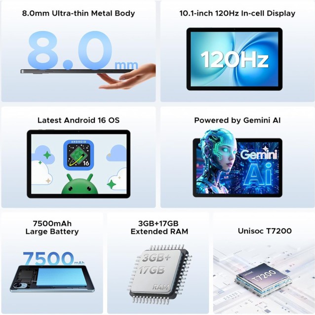 DOOGEE tablet Tab G5, 10.1", 3/128GB, 4G, Android 16, 7500mAh, μπλε