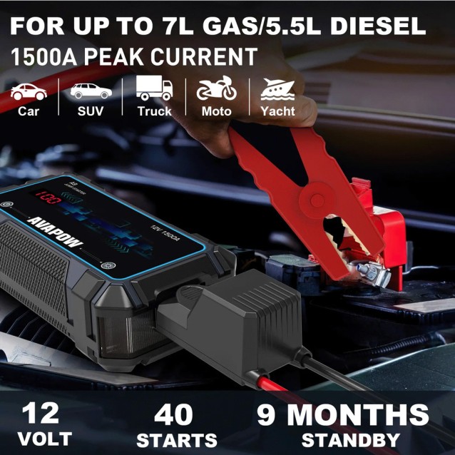 AVAPOW εκκινητής μπαταρίας αυτοκινήτου A9 με φακό, 12V/2500A, 8000mAh