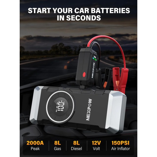 NEXPOW εκκινητής μπαταρίας & συμπιεστής αέρος NP2, 12V/3000A, 150PSI, 12000mAh
