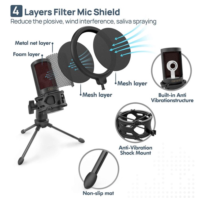 CMTECK επιτραπέζιο μικρόφωνο XM550 με pop φίλτρο, καρδιοειδές, USB, μαύρο