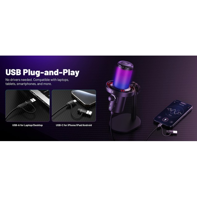 CMTECK επιτραπέζιο μικρόφωνο XM560, καρδιοειδές, USB/USB-C, RGB LED, μαύρο