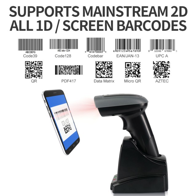 GTCODESTAR barcode scanner X-1901B με βάση, 1D & 2D, ενσύρματο & ασύρματο, Bluetooth, 2000mAh, μαύρο