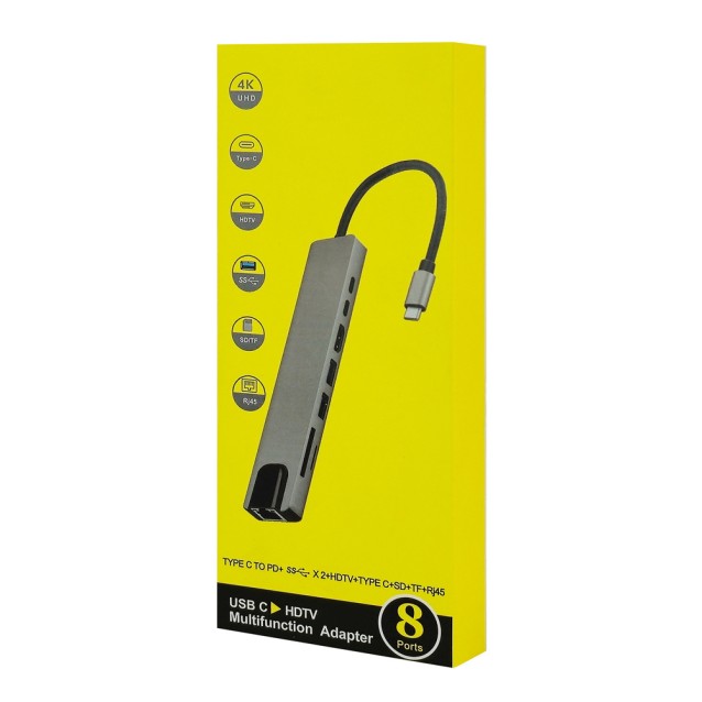 POWERTECH docking station PT-1536, 8 θυρών, USB-C σύνδεση, 87W PD, 100Mbps, γκρι