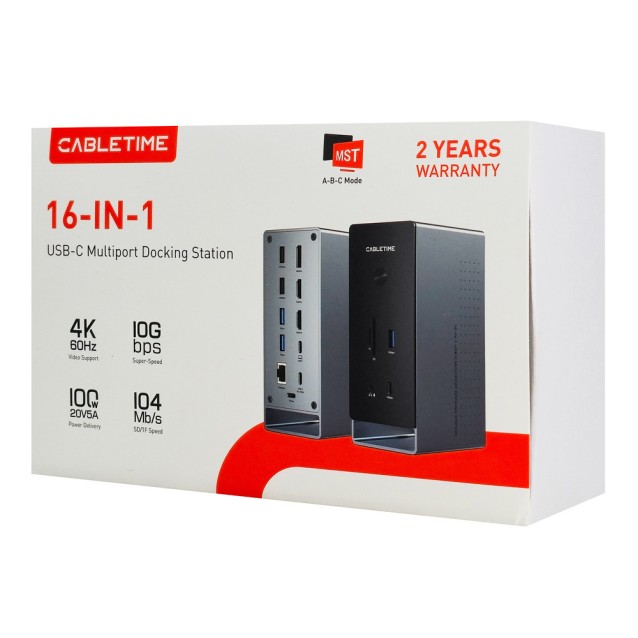 CABLETIME docking station CT-DK181-AG, 16 θυρών, USB-C σύνδεση, 100W PD, 1000Mbps, MST, γκρι