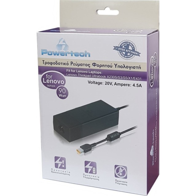 POWERTECH τροφοδοτικό laptop PT-118 για LENOVO, 90 watt, 20V - 4.5A