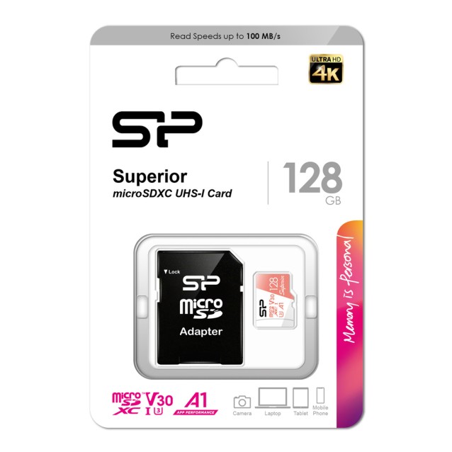 SILICON POWER κάρτα μνήμης microSDXC Superior, 128GB, C10 UHS-I U3 A1 V30
