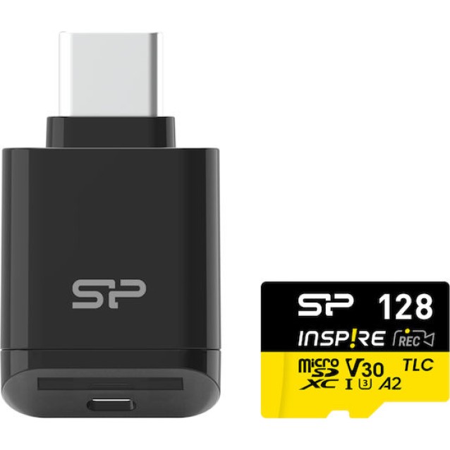 SILICON POWER κάρτα μνήμης microSDXC Inspire με card reader, 128GB, C10 UHS-I U3 V30 A2