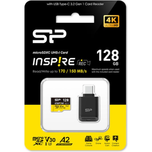 SILICON POWER κάρτα μνήμης microSDXC Inspire με card reader, 128GB, C10 UHS-I U3 V30 A2
