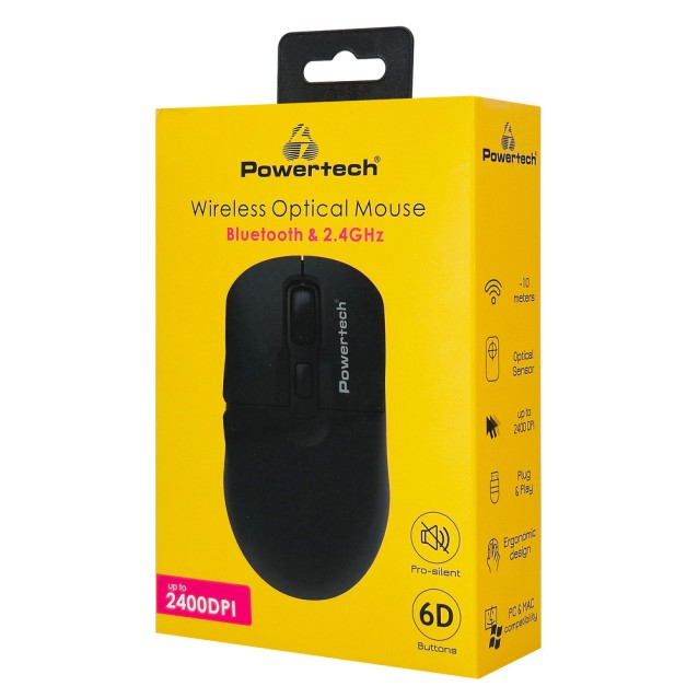 POWERTECH ασύρματο ποντίκι PT-1543, 2.4GHz & Bluetooth, έως 2400DPI, αθόρυβο, μαύρο