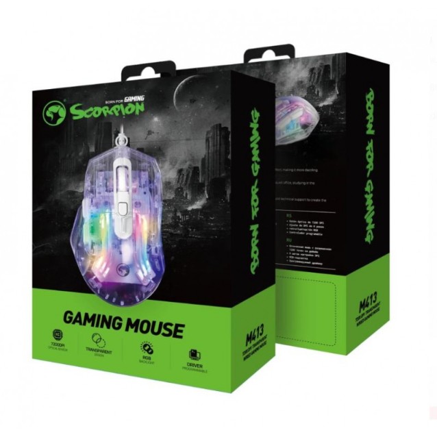 MARVO M413 ΔΙΑΦΑΝΟ GAMING ΠΟΝΤΙΚΙ, 7200DPI, RGB, ΑΘΟΡΥΒΟΙ ΔΙΑΚΟΠΤΕΣ