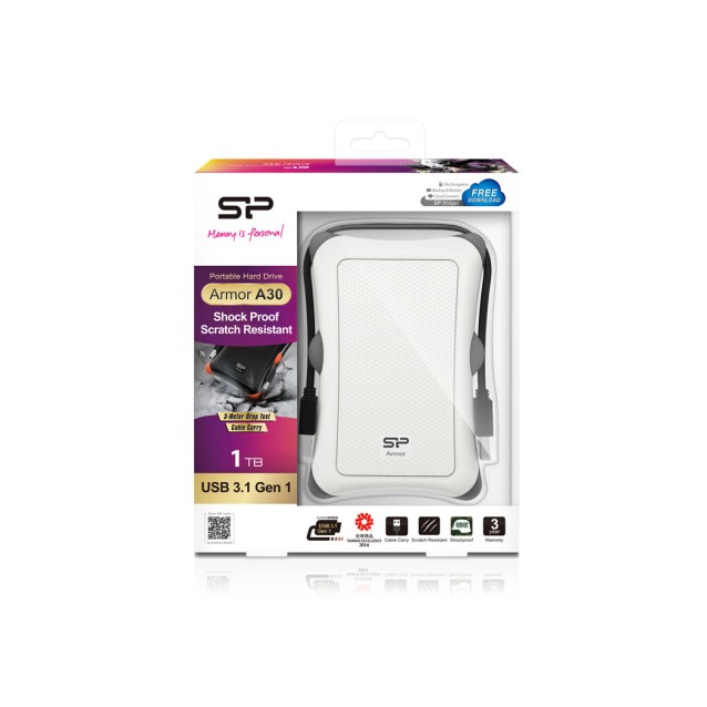 SILICON POWER εξωτερικός HDD Armor A30, 1TB, USB 3.1, λευκός