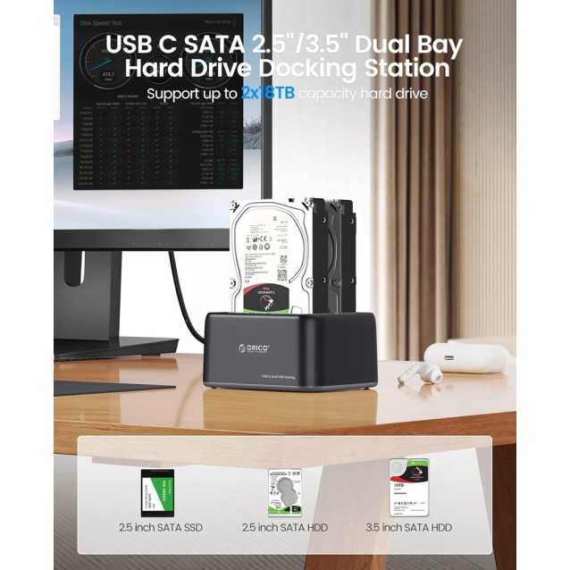 ORICO docking station για 2.5" ή 3.5" SATA HDD/SSD 6829C3-V1, 2 θέσεων, 5Gbps, μαύρο