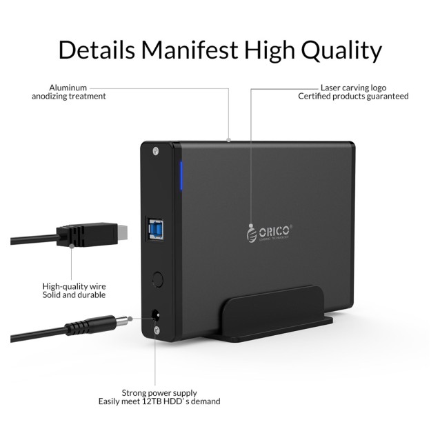 ORICO εξωτερική θήκη για 3.5" HDD 7688U3, USB3.0, 5Gbps, έως 12TB, μαύρη