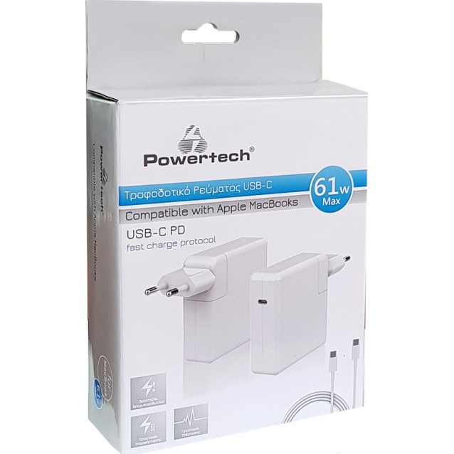 POWERTECH Φορτιστής laptop PT-704 για Apple, USB Type-C PD, 61W, λευκό