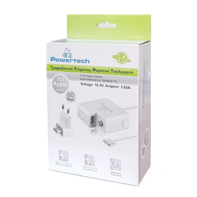 POWERTECH τροφοδοτικό laptop PT-289 για Apple, 60W, 16.5V/3.65A, λευκό