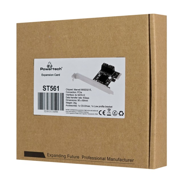 POWERTECH κάρτα επέκτασης PCIe σε 4x SATA III ST561, 6Gbps, 95x69mm