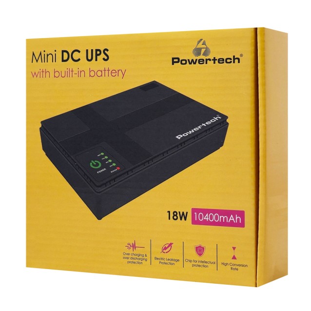 POWERTECH mini DC UPS PT-1434, 18W, 10400mAh, 3x DC, USB/LAN/POE, μαύρο