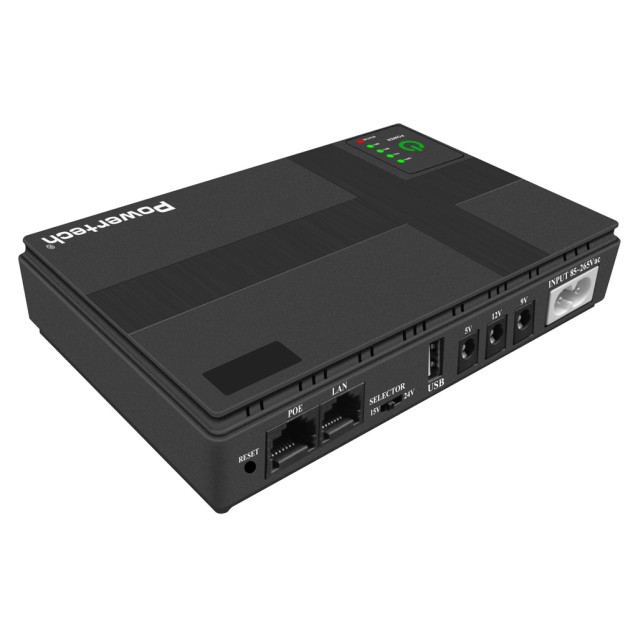 POWERTECH mini DC UPS PT-1435, 36W, 10400mAh, 3x DC, USB/LAN/POE, μαύρο