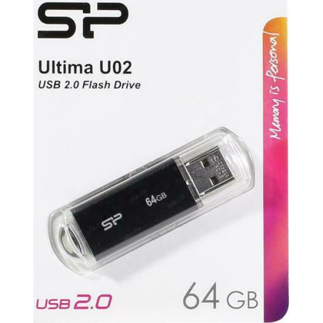 SILICON POWER USB Flash Drive Ultima U02, 64GB, USB 2.0, μαύρο