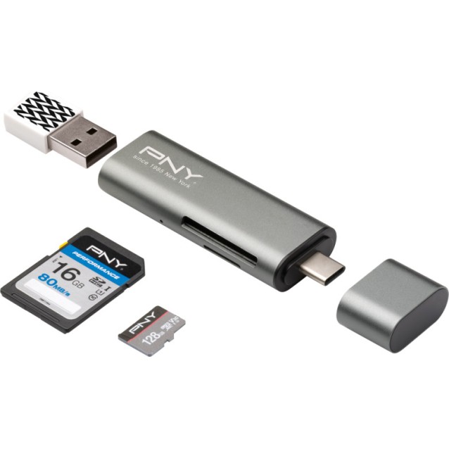PNY R-TC-UA-3N1E01-RB - USB-C card reader για κάρτες MicroSD & SD, με υποδοχή USB A